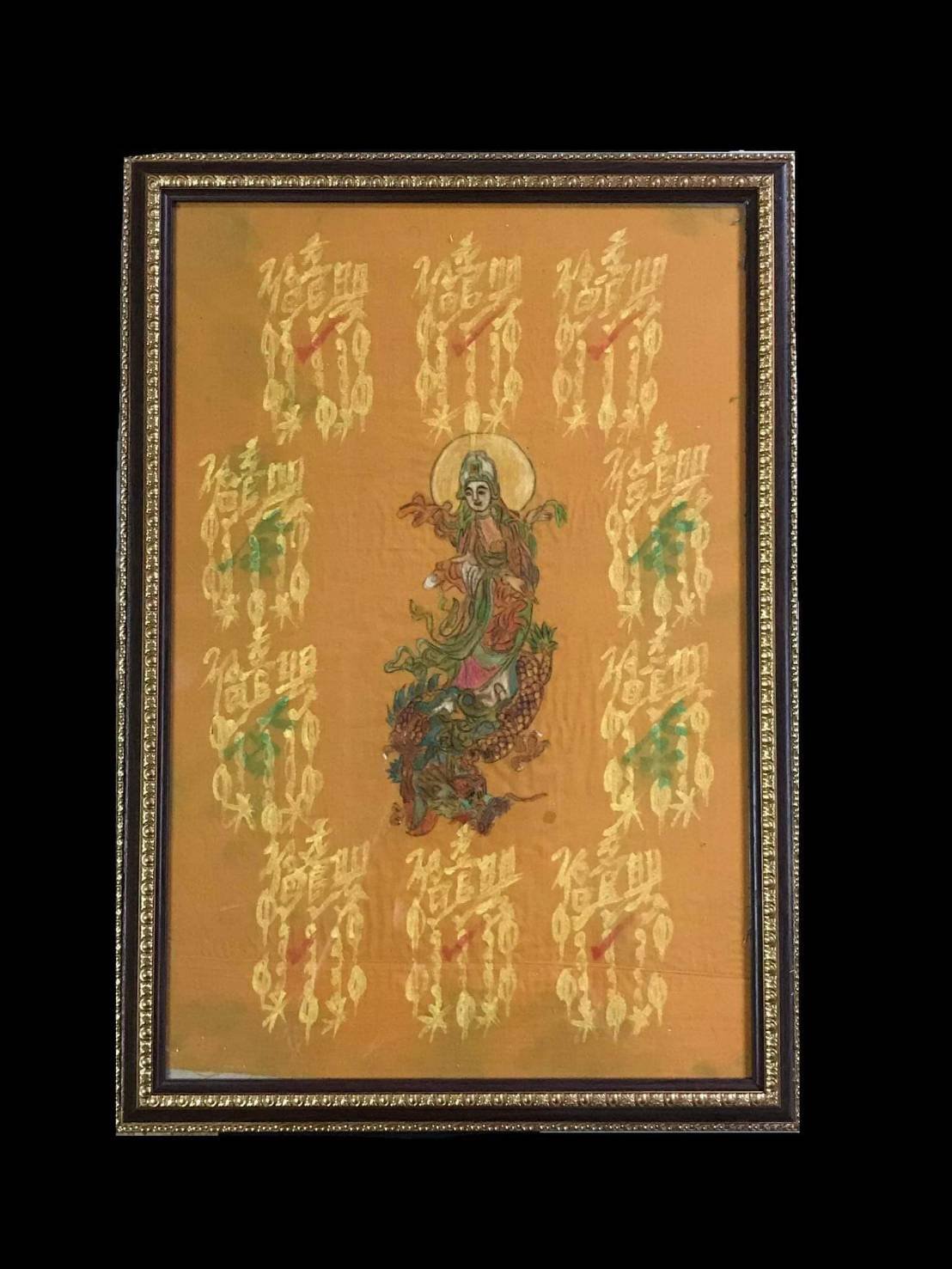 (296277) ผ้ายันต์ฟ้าประทาน  10กา ประกาศิต เขียนมือ  อาแปะโรงสี ปี15  รูปวาด เจ้าแม่กวนอิม  ศาลเจ้า จ.ปทุมธานี