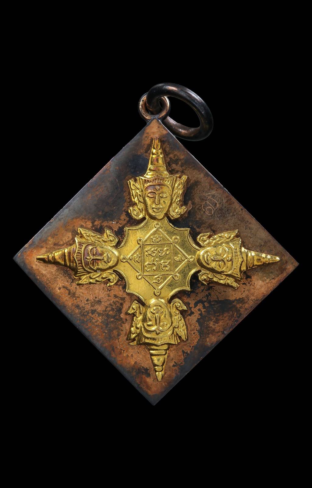 300787 เหรียญข้าวหลามตัด รัศมีพรหม อาจารย์เฮงไพรวัลย์  เนื้อนาคหน้ากากทองคำ  ราว พศ.2476-2502  จังหวัดพระนครศรีอยุธยา